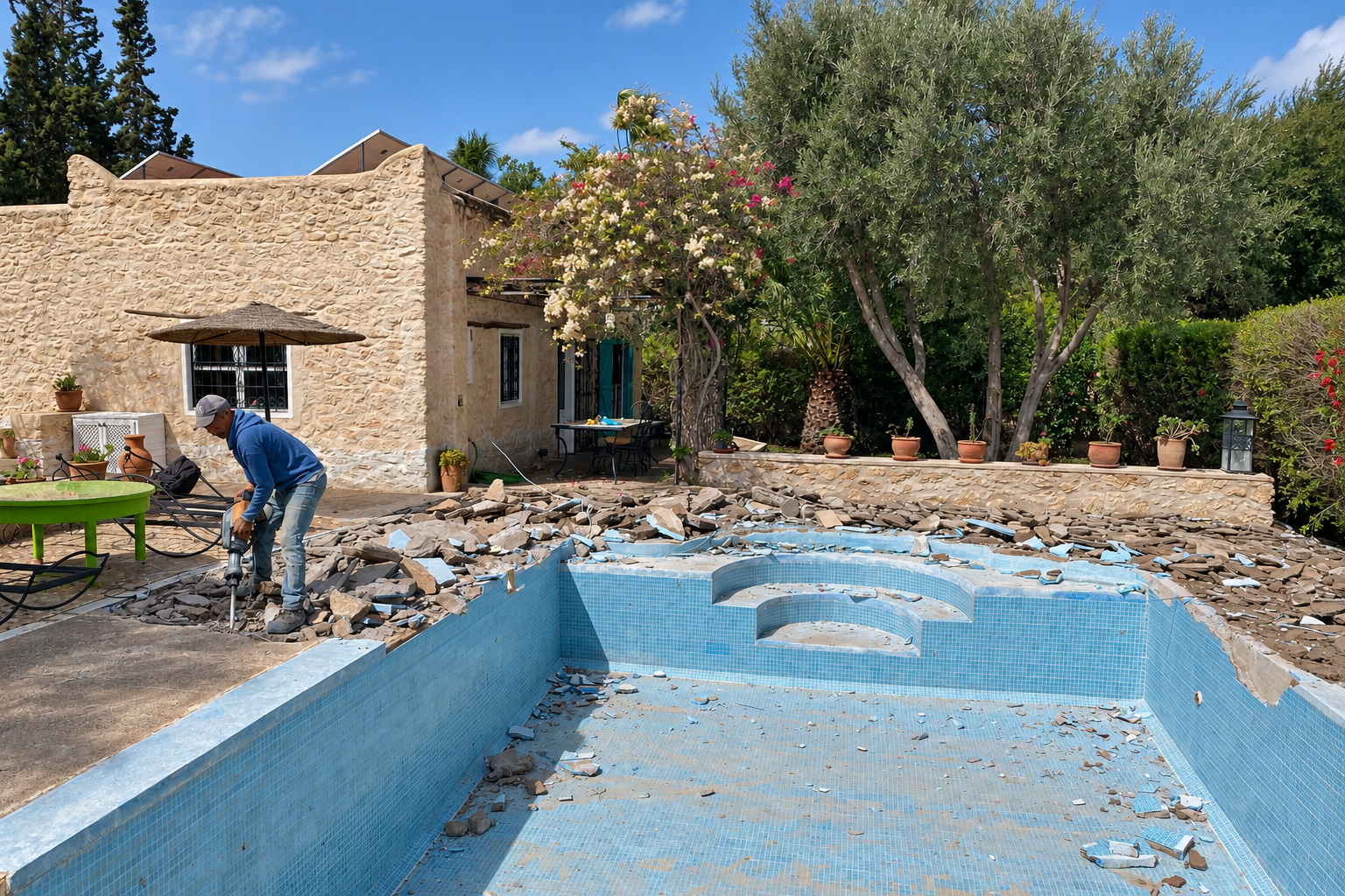 Travaux d’une piscine dans un jardin à Essaouira